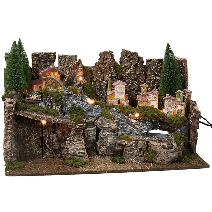 Illuminated nativity scene with working waterfall cm 60x35x33h