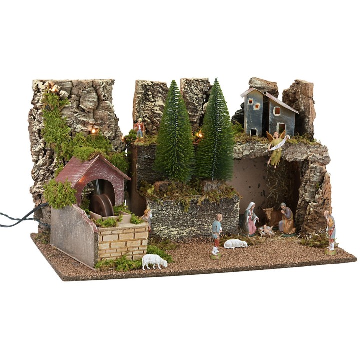 Pesebre iluminado con estatuas y molino eléctrico cm 60x35x33h
