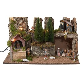 Presepe illuminato con statue e mulino elettrico cm 60x35x33h