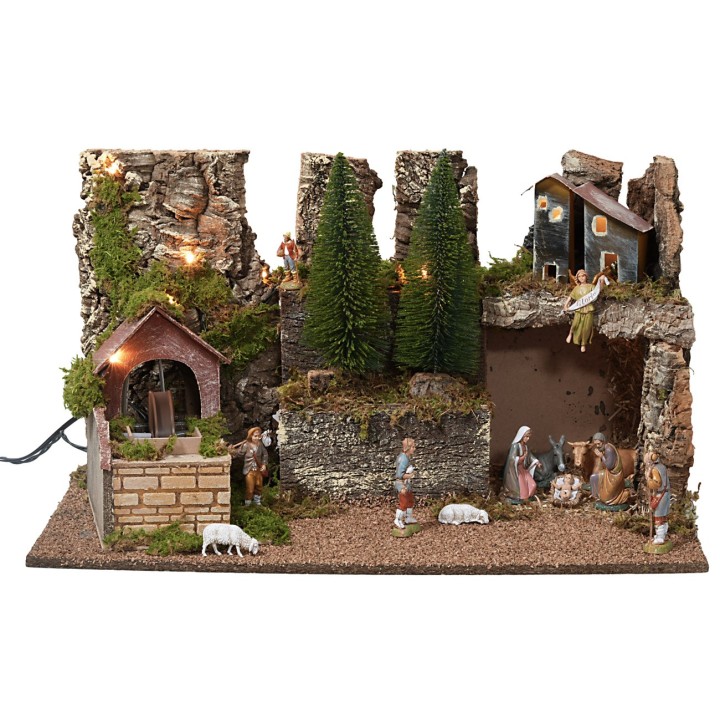 Pesebre iluminado con estatuas y molino eléctrico cm 60x35x33h