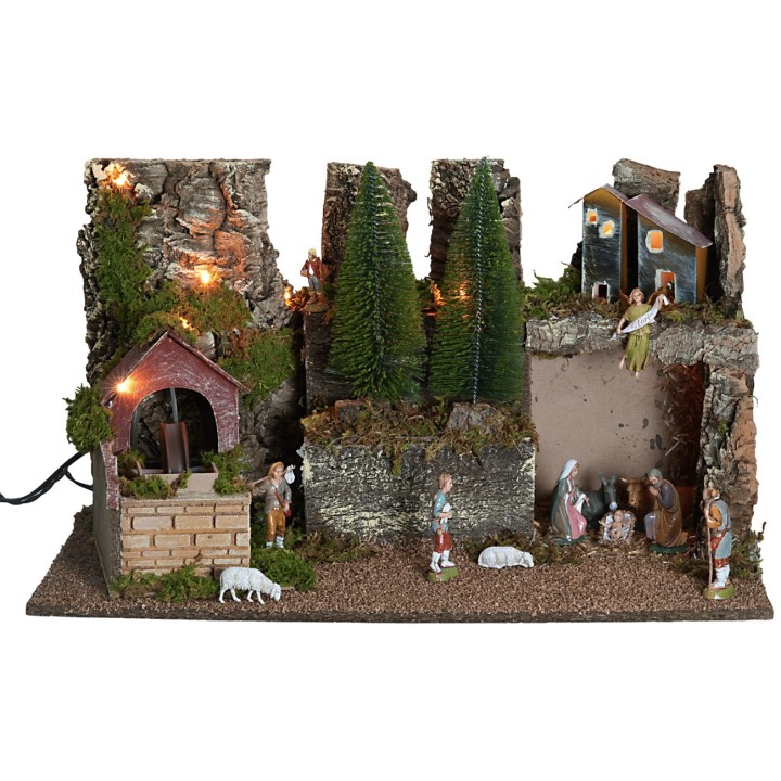 Illuminated nativity scene with statues and electric mill cm