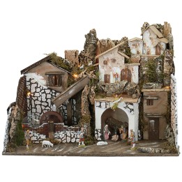 Presepe con statue illuminato con mulino completo di pompa a