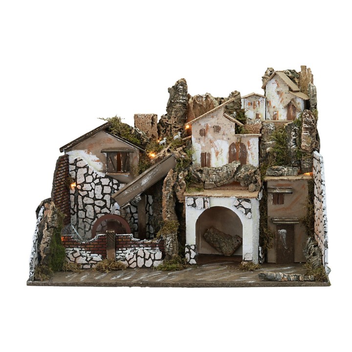 Presepe illuminato con mulino funzionante cm 76x40x54 h