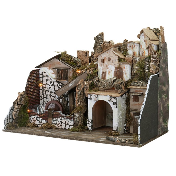 Illuminated nativity scene with mill complete with recycling