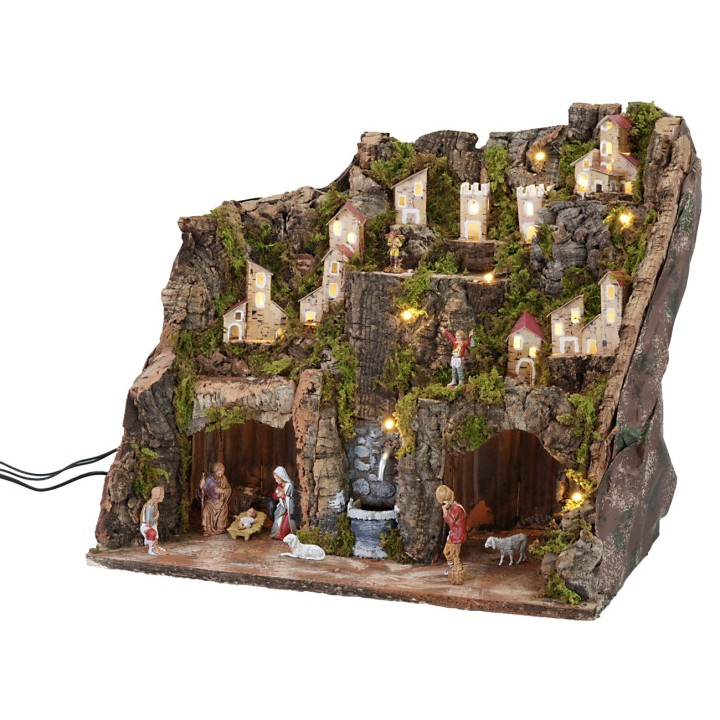 Nativity scene complete with statues, lights, and functional