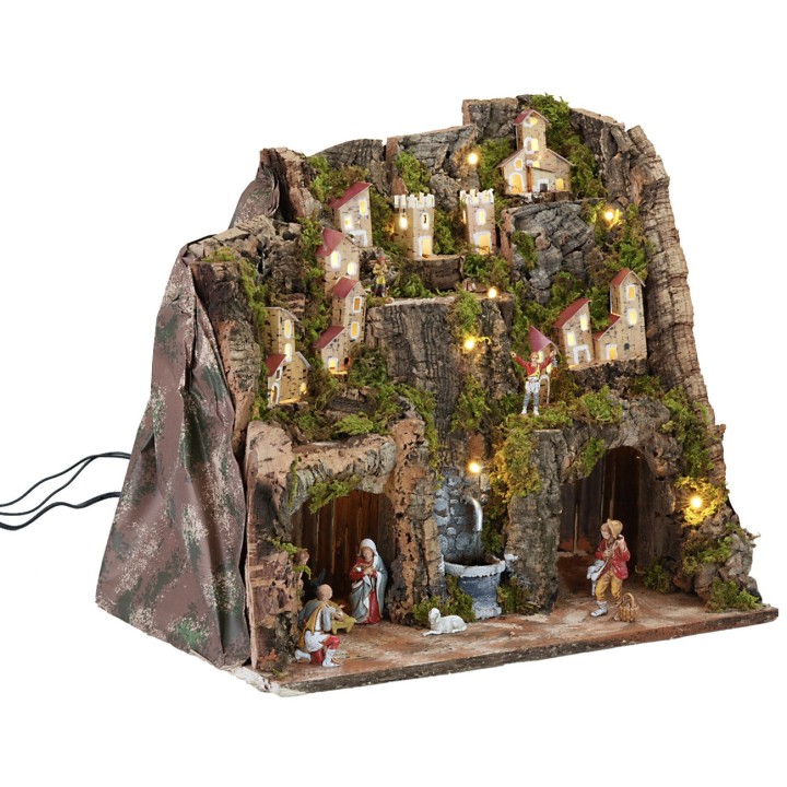 Nacimiento completo con estatuas, luces y fuente funcional