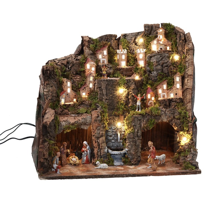 Nacimiento completo con estatuas, luces y fuente funcional
