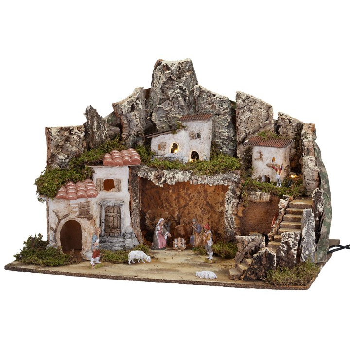 Nativity scene with lights and working fountain complete with