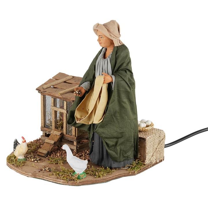 Woman feeding chickens in motion 30 cm