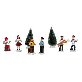 Set statuine per villaggio Natalizio e pini 8 pz
