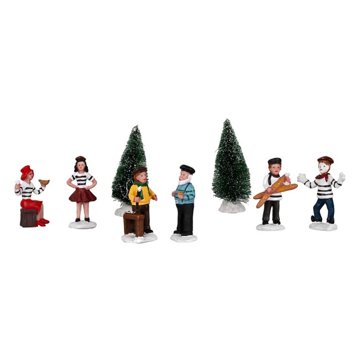 Set of figurines for Christmas Village and pine trees 8 pcs