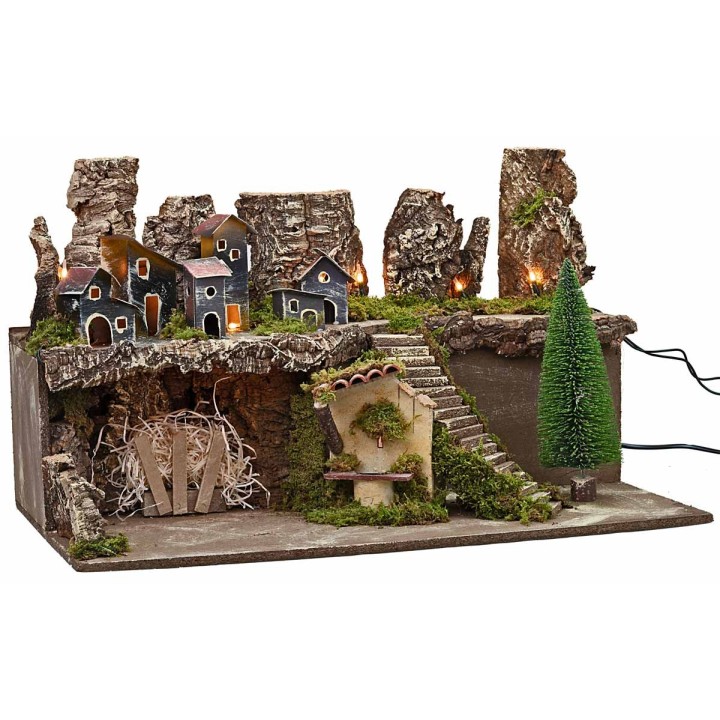 Presepe con luci e fontana funzionante cm 60x35x35 h