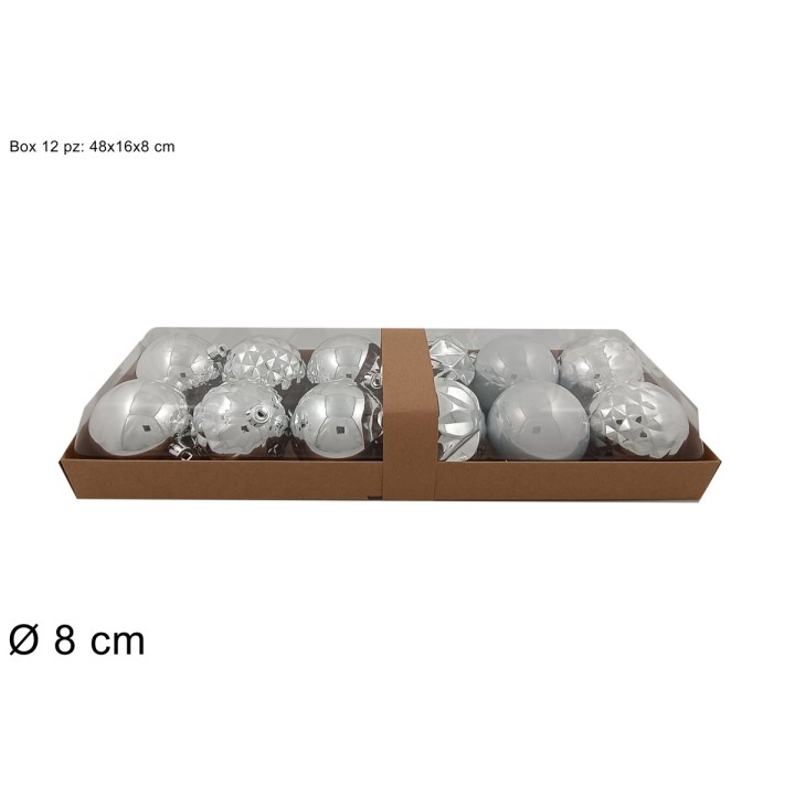Conjunto de 12 bolas plateadas ø 8 cm para árbol de Navidad