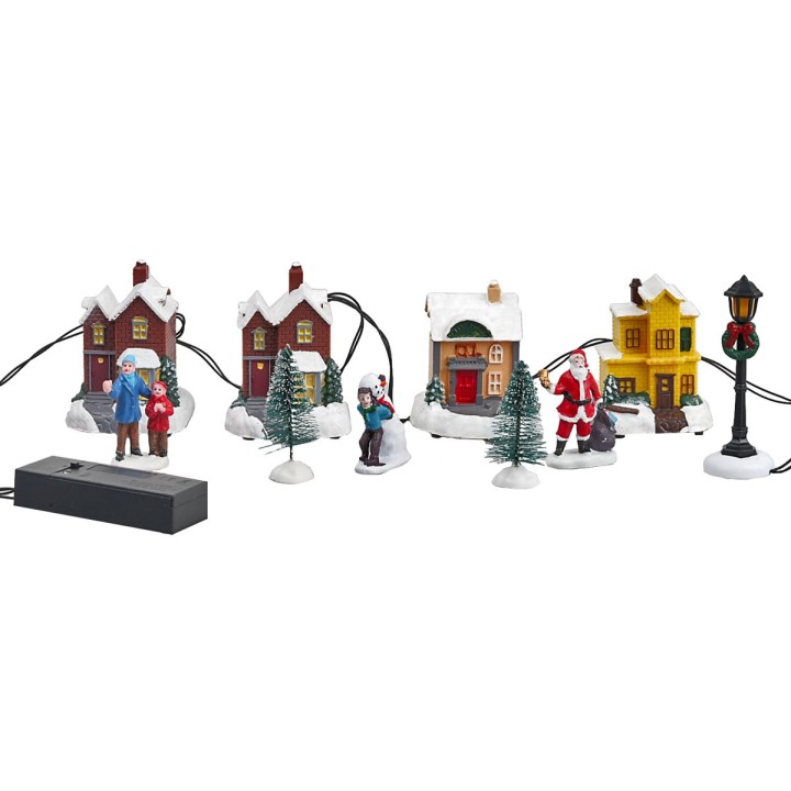 Casitas y farol funcional a baterías para pueblo de Navidad