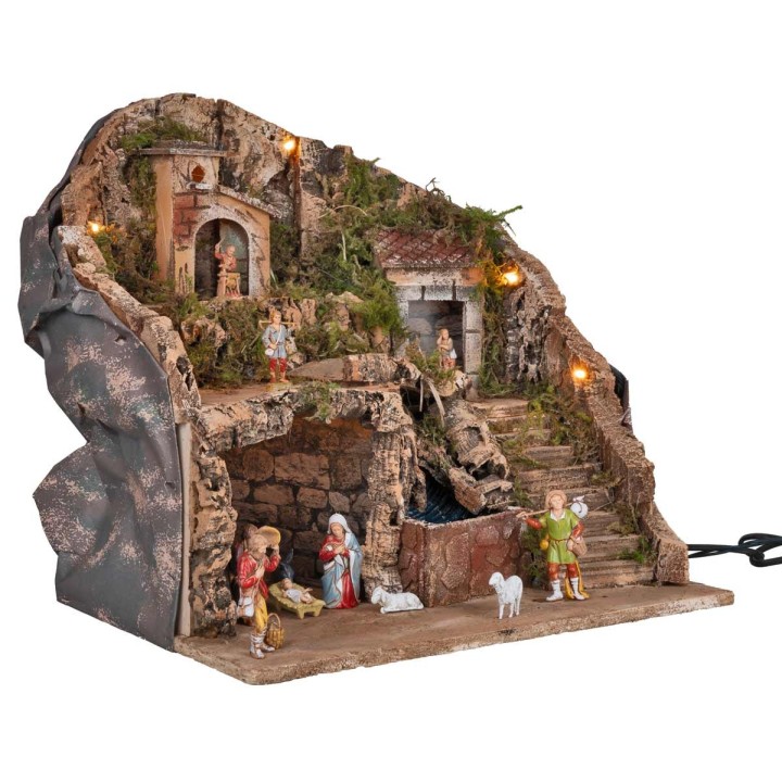 Presepe illuminato completo di cascata e di statue cm 39x30x39h
