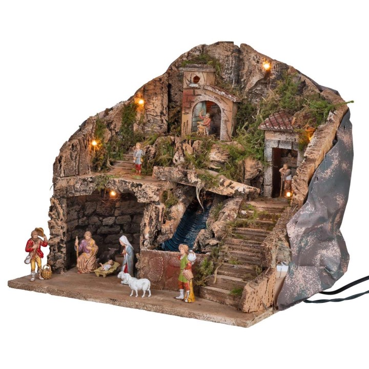Pesebre iluminado completo con cascada y estatuas de 39x30x39h