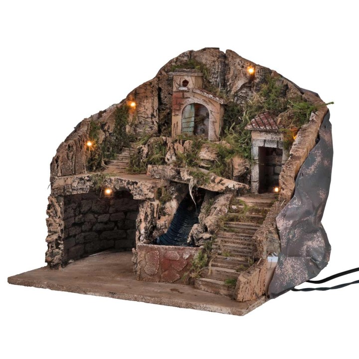 Pesebre artesanal iluminado con cascada cm 39x30x39h
