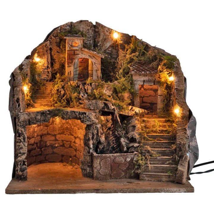 Pesebre artesanal iluminado con cascada cm 39x30x39h