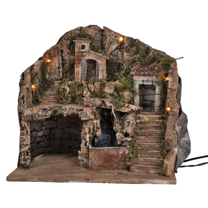 Handcrafted illuminated nativity scene with waterfall cm
