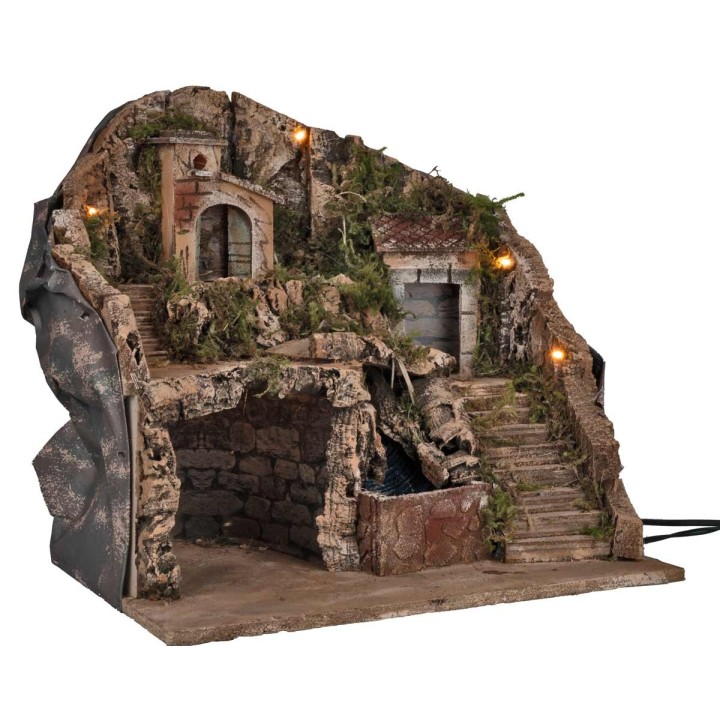 Pesebre artesanal iluminado con cascada cm 39x30x39h