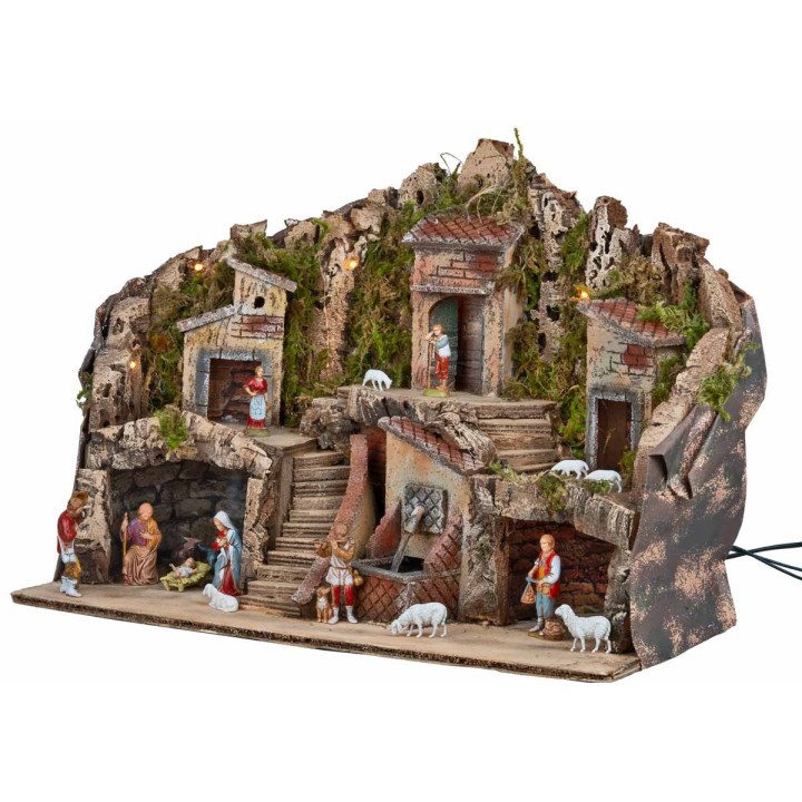 Presepe con luci e fontana funzionante completo di statue cm