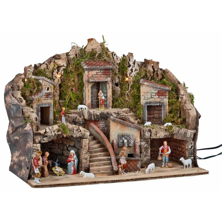 Presepe con luci e fontana funzionante completo di statue cm