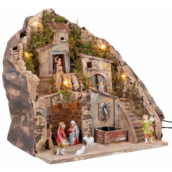 Illuminated nativity scene with fountain 34x27x38h complete