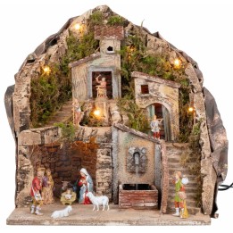 Pesebre iluminado con fuente 34x27x38h completo de estatuas