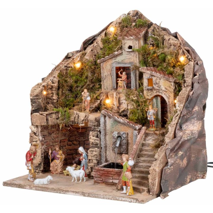 Illuminated nativity scene with fountain 34x27x38h complete
