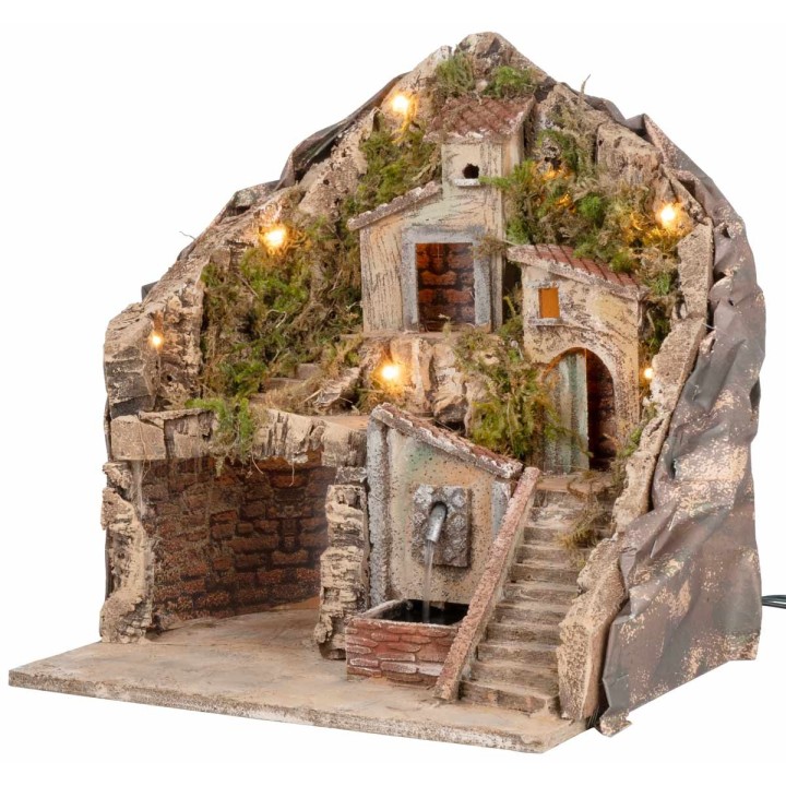 Illuminated nativity scene with fountain 34x27x38h