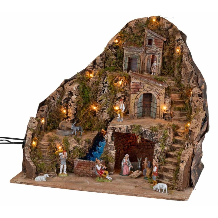 Pesebre iluminado con arroyo y burro en movimiento 58x40x54h