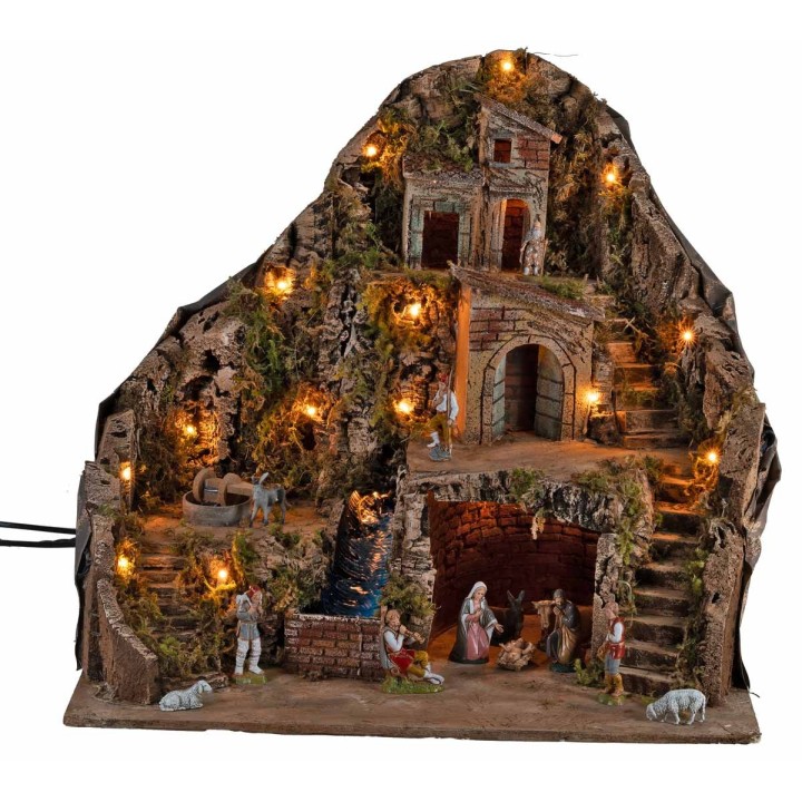 Presepe illuminato con ruscello e asino in movimento 58x40x54h