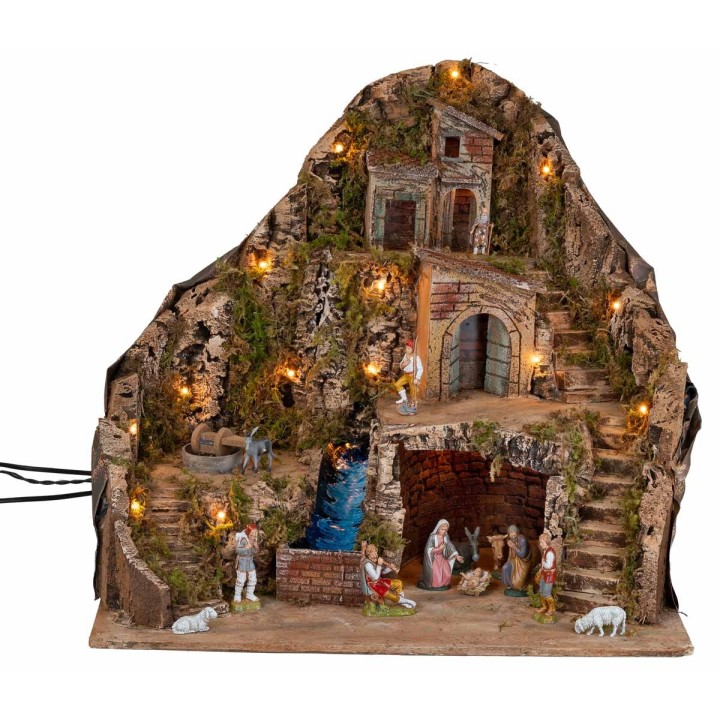 Pesebre iluminado con arroyo y burro en movimiento 58x40x54h