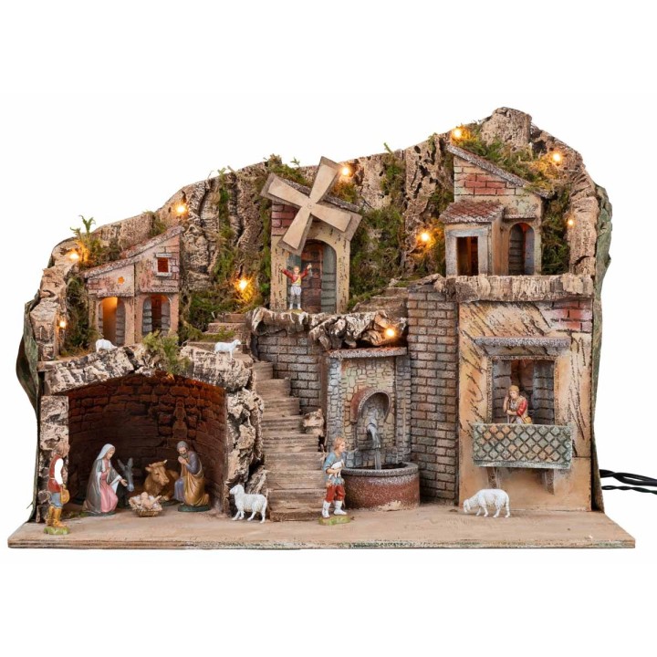 Pesebre iluminado con molino y fuente que funcionan con