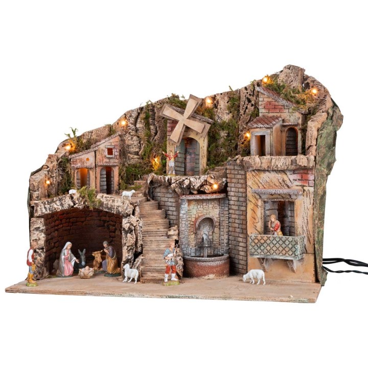 Presepe illuminato con mulino e fontana funzionanti a corrente