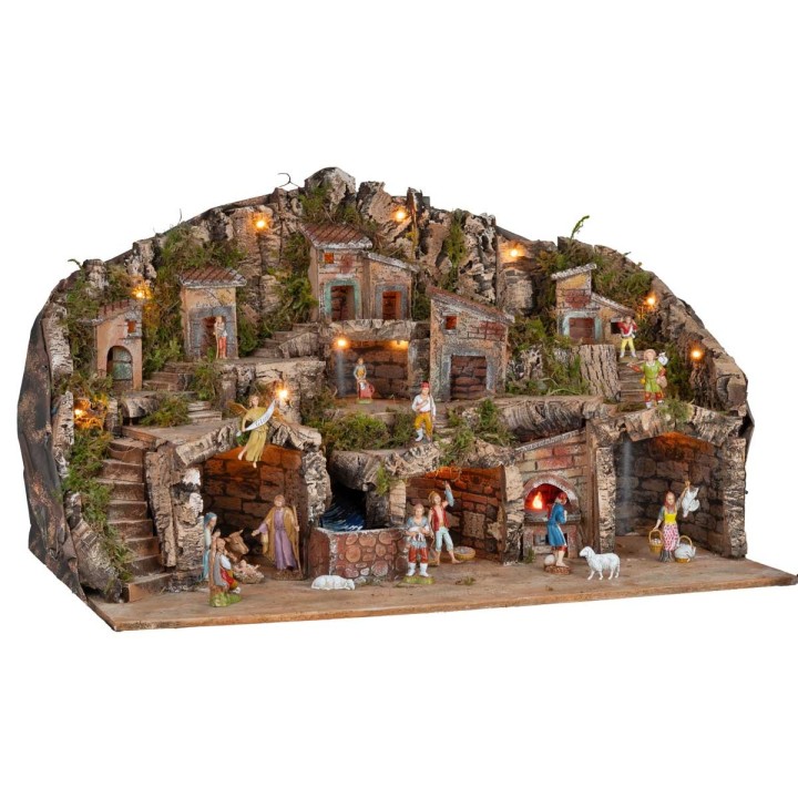 Presepe illuminato con grotte, casette, ruscello e forno