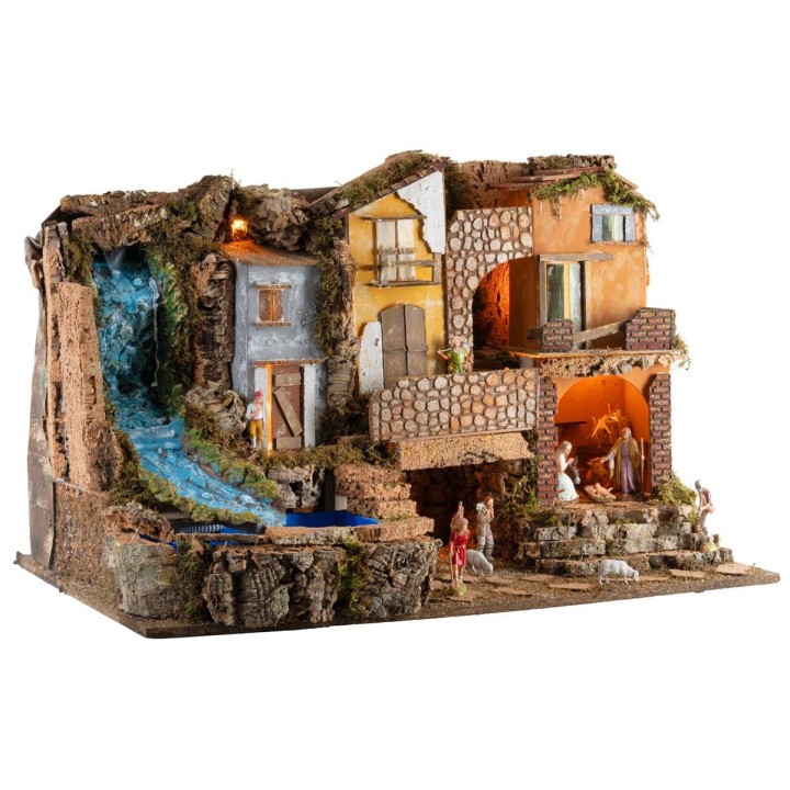Nacimiento con luces y cascada 80x50x52h completo de estatuas
