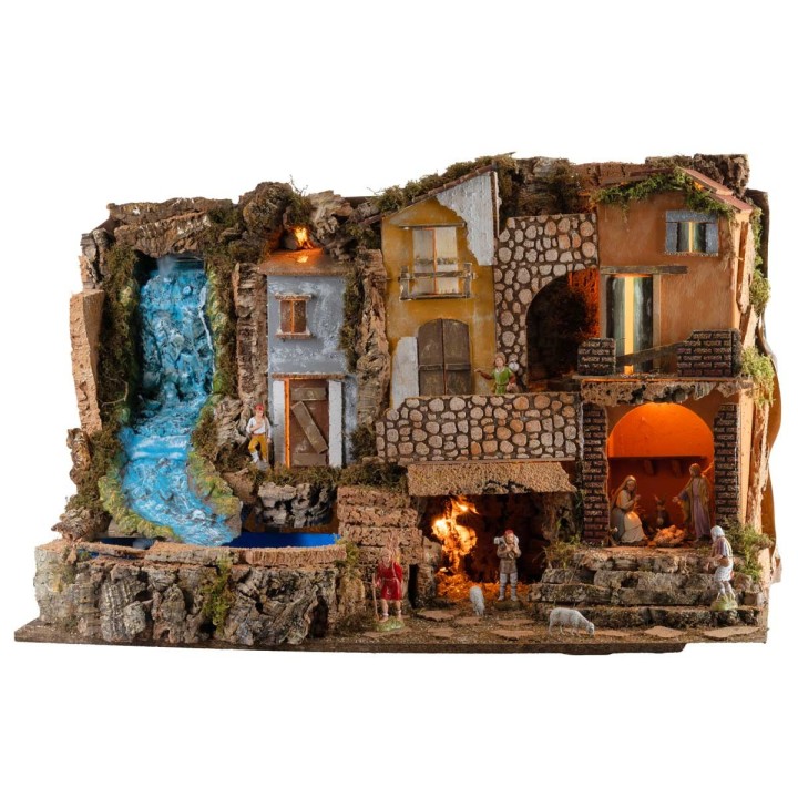 Presepe con luci e cascata 80x50x52h completo di statue Landi