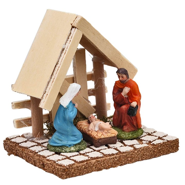 Natividad con cabaña de madera clara cm 10x8x9,5 h