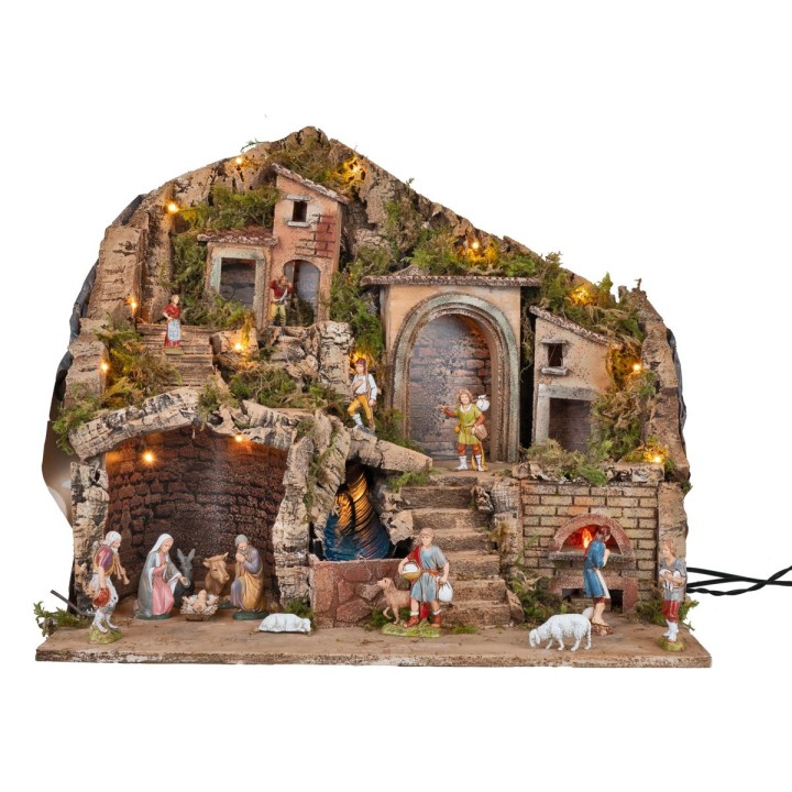 Pesebre iluminado con horno y cascada que funcionan con