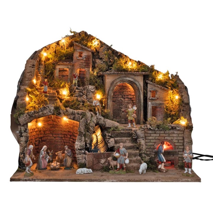 Pesebre iluminado con horno y cascada que funcionan con