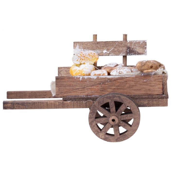 Carreta de madera con quesos y pan