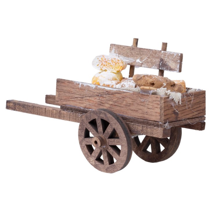 Carreta de madera con quesos y pan