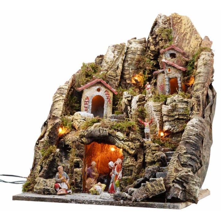 Pesebre iluminado con arroyo y larga escalera 35x30x40h