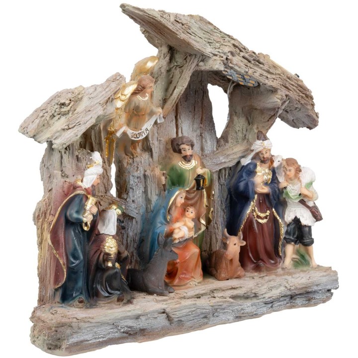 Natività in blocco con personaggi e capanna