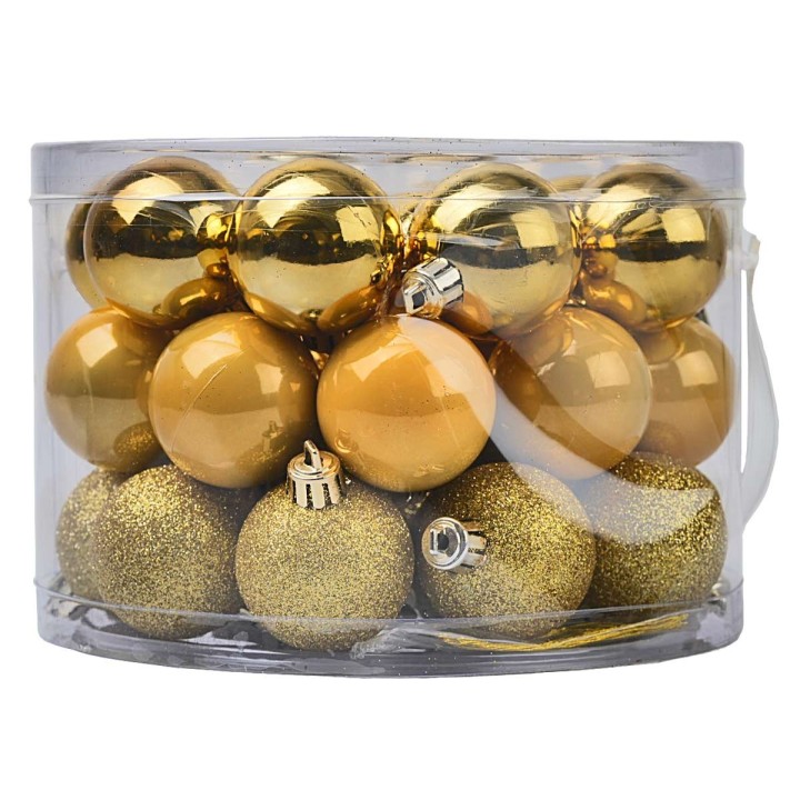 Round box with handle 42 gold balls ø 5 cm assorted