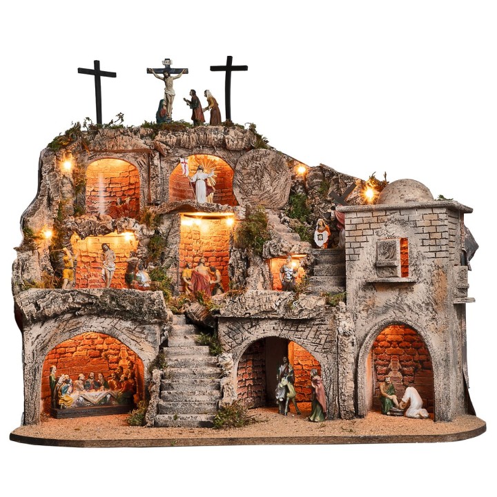 Belén Pascual iluminado completo de estatuas con cuevas y