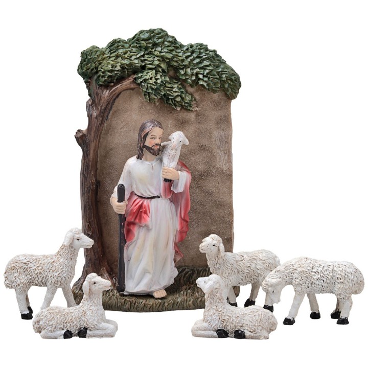 Jesús con ovejas 10 cm en resina figuritas pascuales