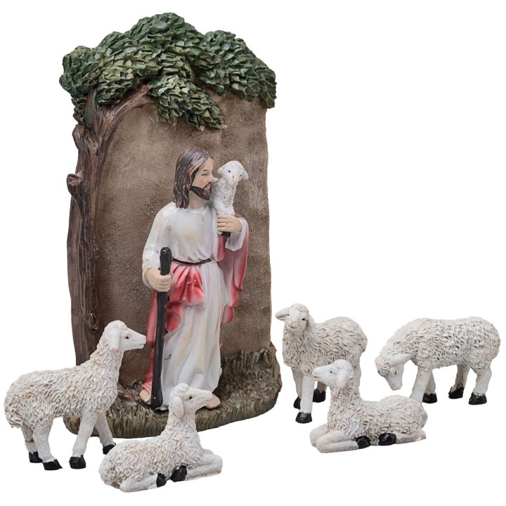 Gesù con pecorelle 10 cm in resina statuine pasquali