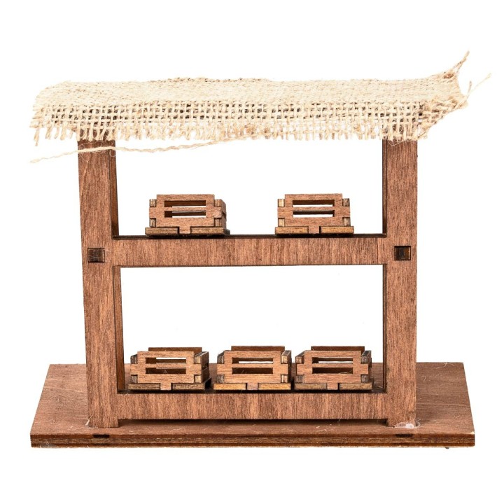 Puesto de madera con cajas y techo de yute cm 16x6.5x13 h